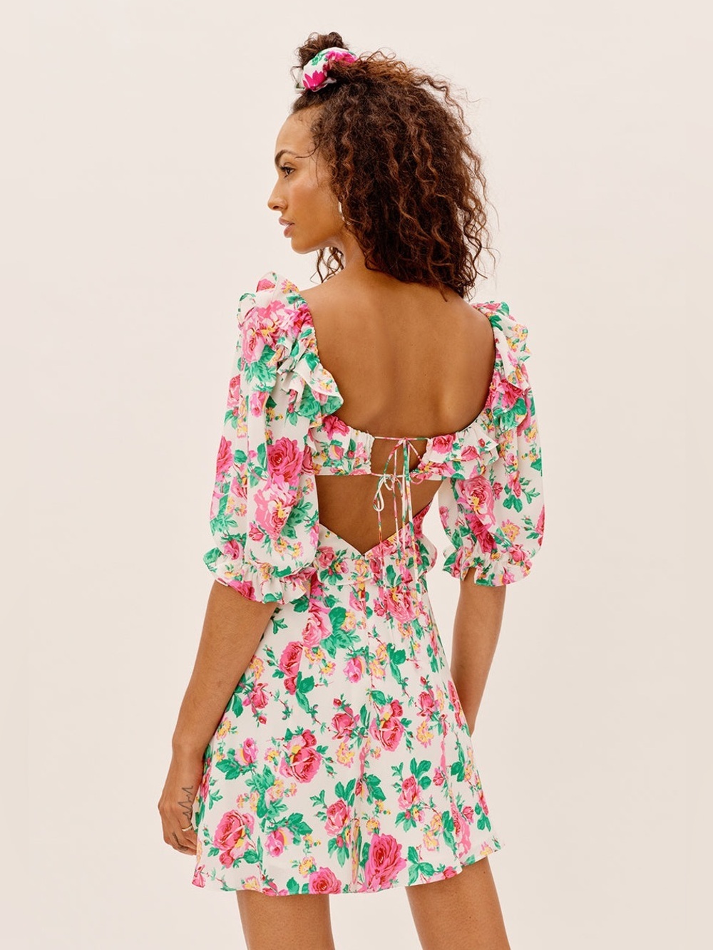 For Love & Lemons Imogen Mini Dress XL Floral Ruffle Corset Tie Back Cottagecore - Picture 2 of 10